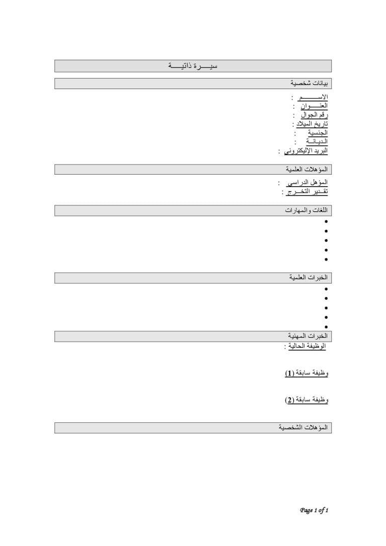 تحميل نموذج سيرة ذاتية جاهز للتعبئة word احترافي 1 تحميل نموذج سيرة ذاتية جاهز للتعبئة
